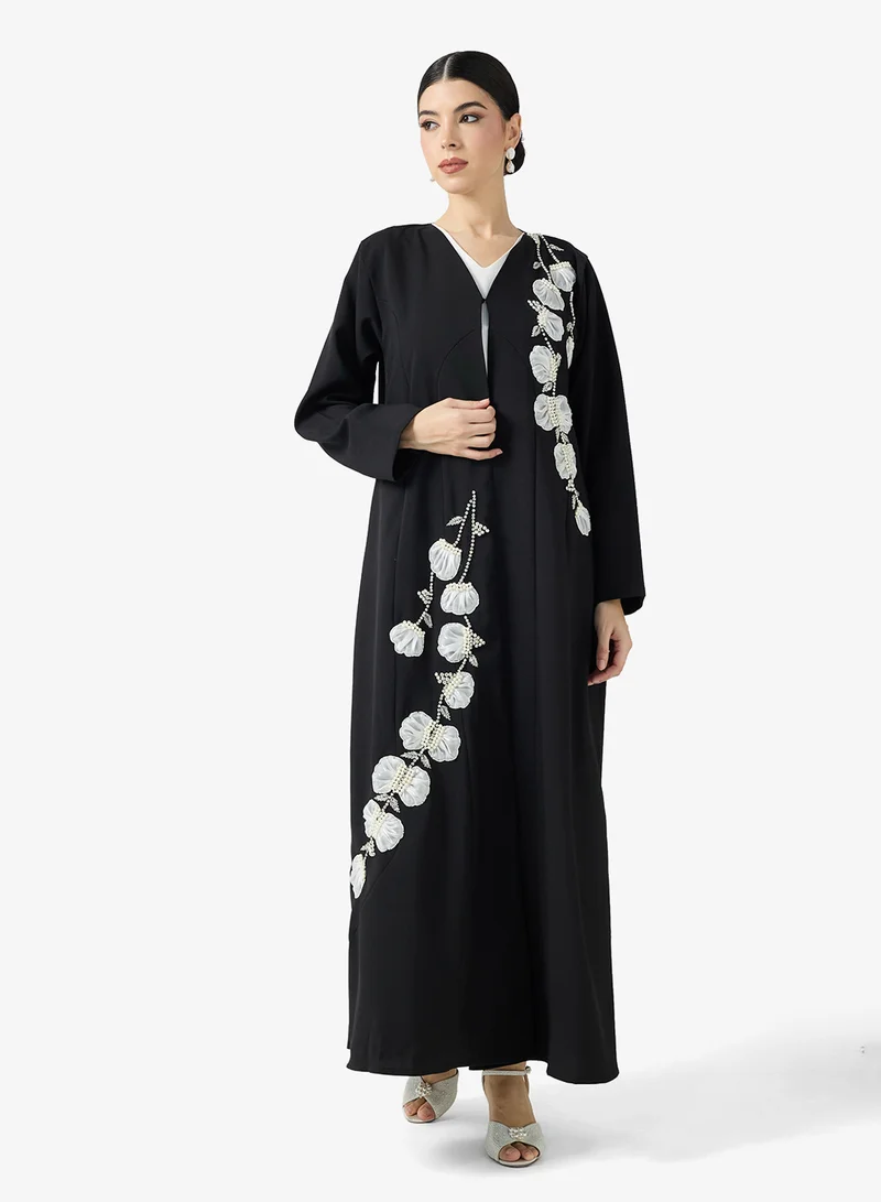 hayas closet  Black Embroidered Abaya With Sheila for Women | Best Price UAE